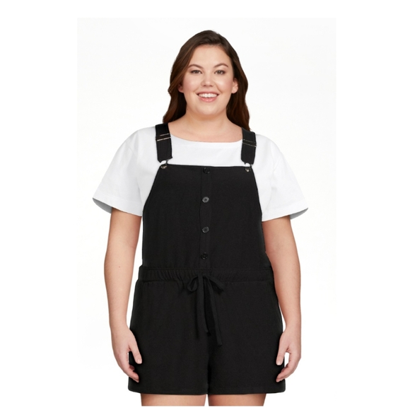 No Boundaries Shortalls In Black Soot Faux Buttons Drawstring Waist - Picture 5 of 11